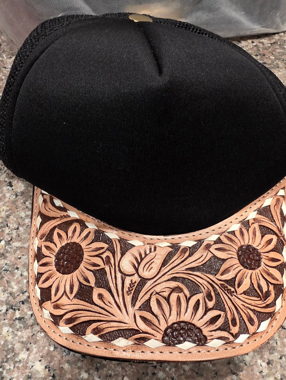 Black Trucker Hat with Tooled Leather Floral Brim
